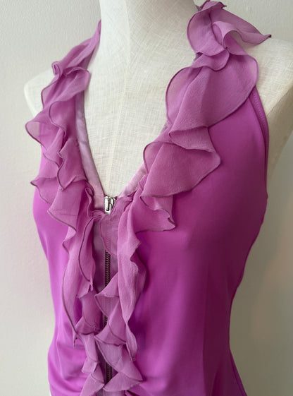 Detail photo of the neckline of the Emanuel Ungaro Pink Silk Ruffle Top