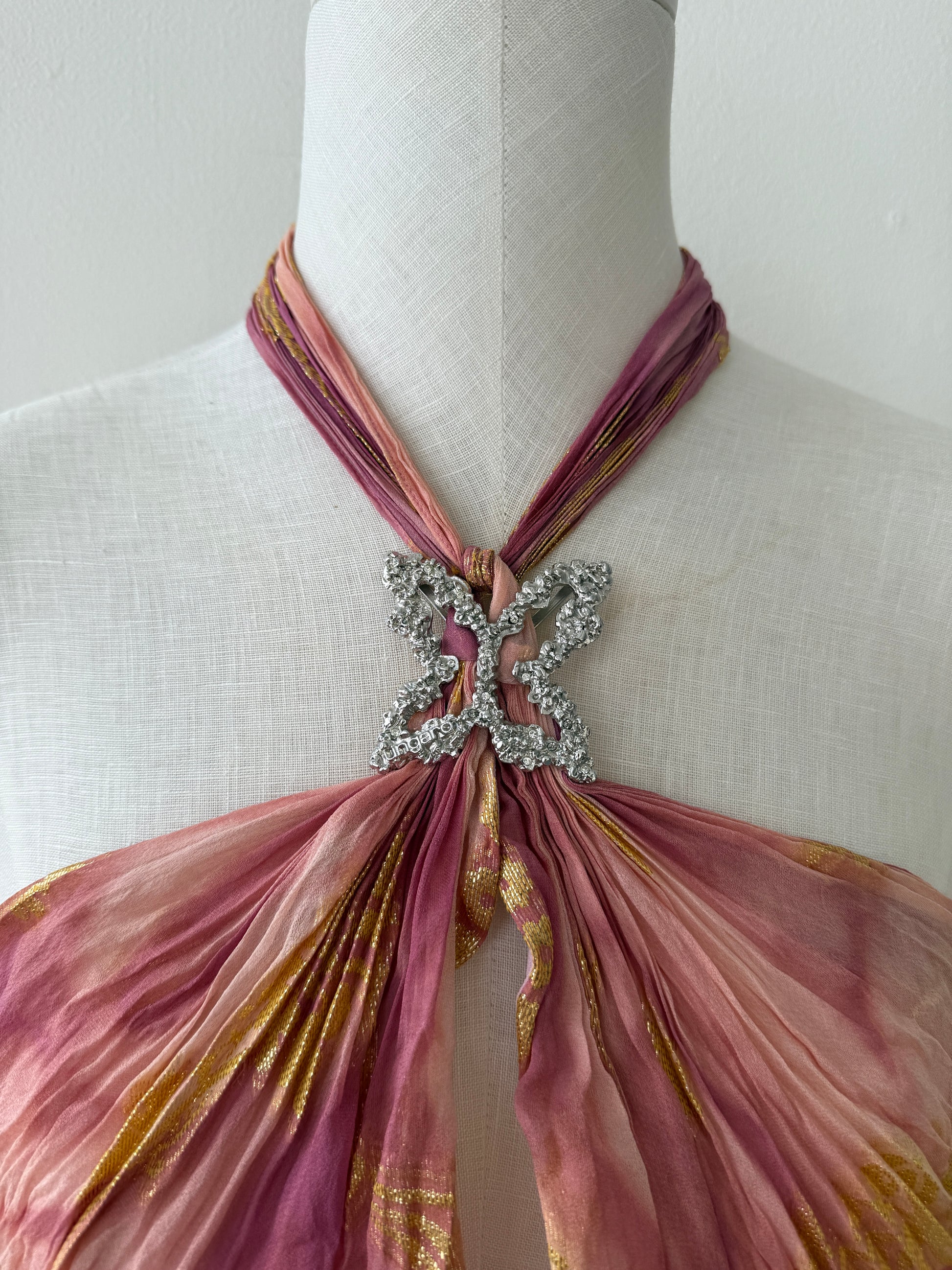 Detail photo of the butterfly detail on the Emanuel Ungaro Pink Silk top