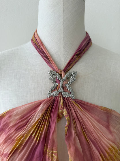 Detail photo of the butterfly detail on the Emanuel Ungaro Pink Silk top