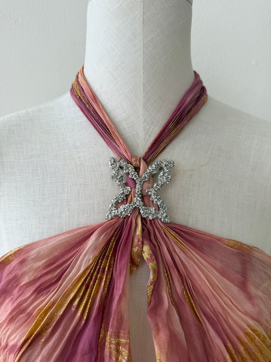 Detail photo of the butterfly detail on the Emanuel Ungaro Pink Silk top