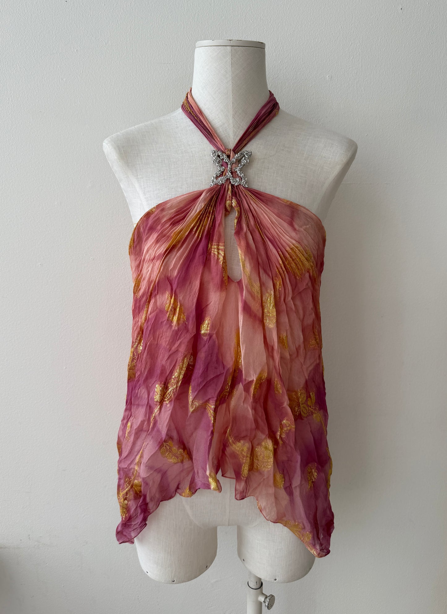 The Emanuel Ungaro Pink Silk Butterfly Top on a mannequin viewed from the front