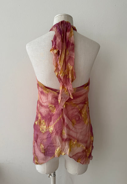 The Emanuel Ungaro Pink Silk Butterfly Top on a mannequin viewed from the back on a mannequin