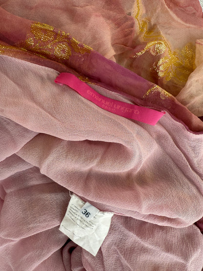 Detail photo of the pink and gold silk fabric of the Emanuel Ungaro silk halter top showing the brand label