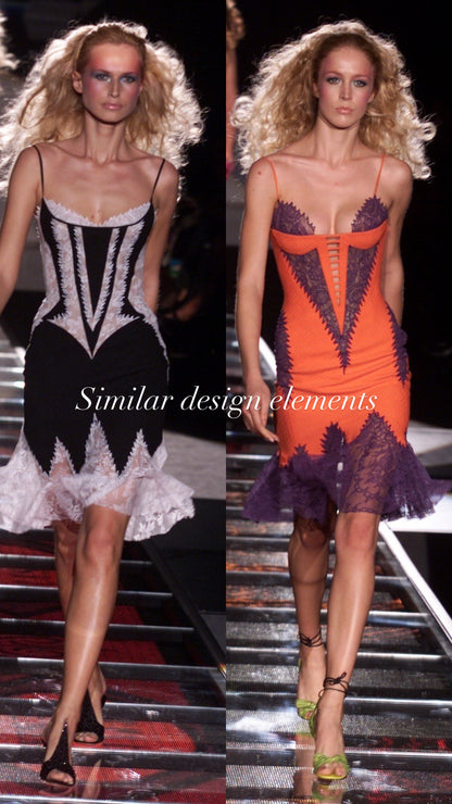 Versace S/S 2002 runway model wearing a similar design with lace mermaid trim.