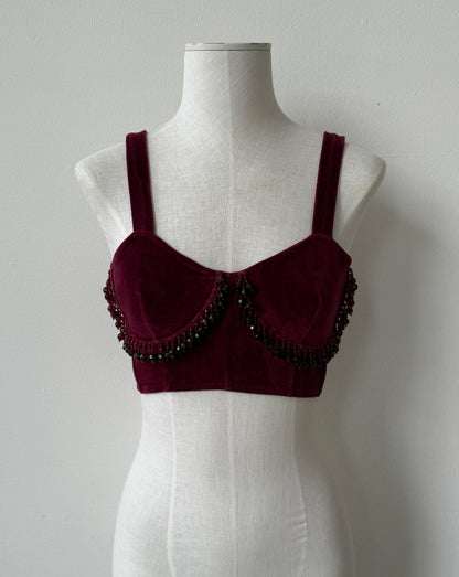 Blumarine 1990 Velour Burgundy Corset Bra Top with Beads