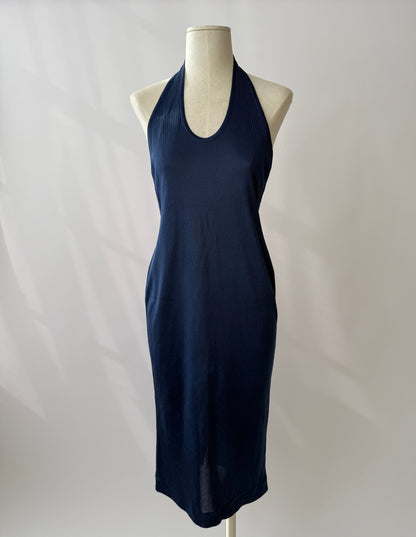 Azzedine Alaïa S/S 1986 Runway Blue Knit Halter Neck Bodycon Backless Dress in size M/L.