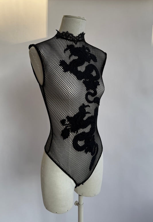 Vintage La Perla S/S 2008 Black Label Embellished Mesh Dragon Bodysuit in size S/M.