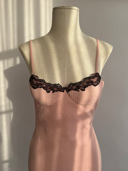 “Versace pink dress bust detail photo. with luxurious lace trim and spaghetti straps – S/S 2002 collection