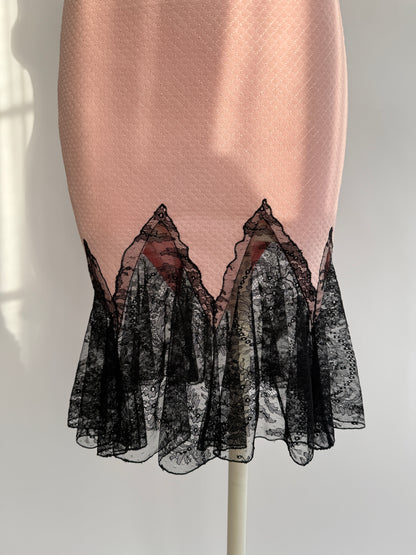 Versace S/S 2002 Vintage Pink Bodycon Dress with Black Lace Mermaid Trim (XS)
