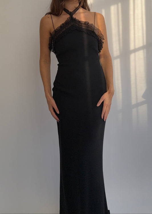 Emanuel Ungaro 00's Black Silk Ruched Maxi Halter Neck Dress in size S.