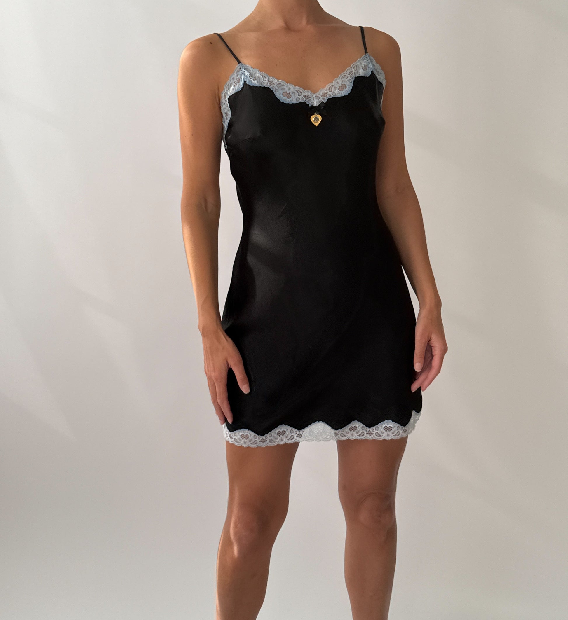 Dolce & Gabbana S/S 1995 Vintage Black and Blue Satin Pendant Slip Dress with Lace Trim in size M.