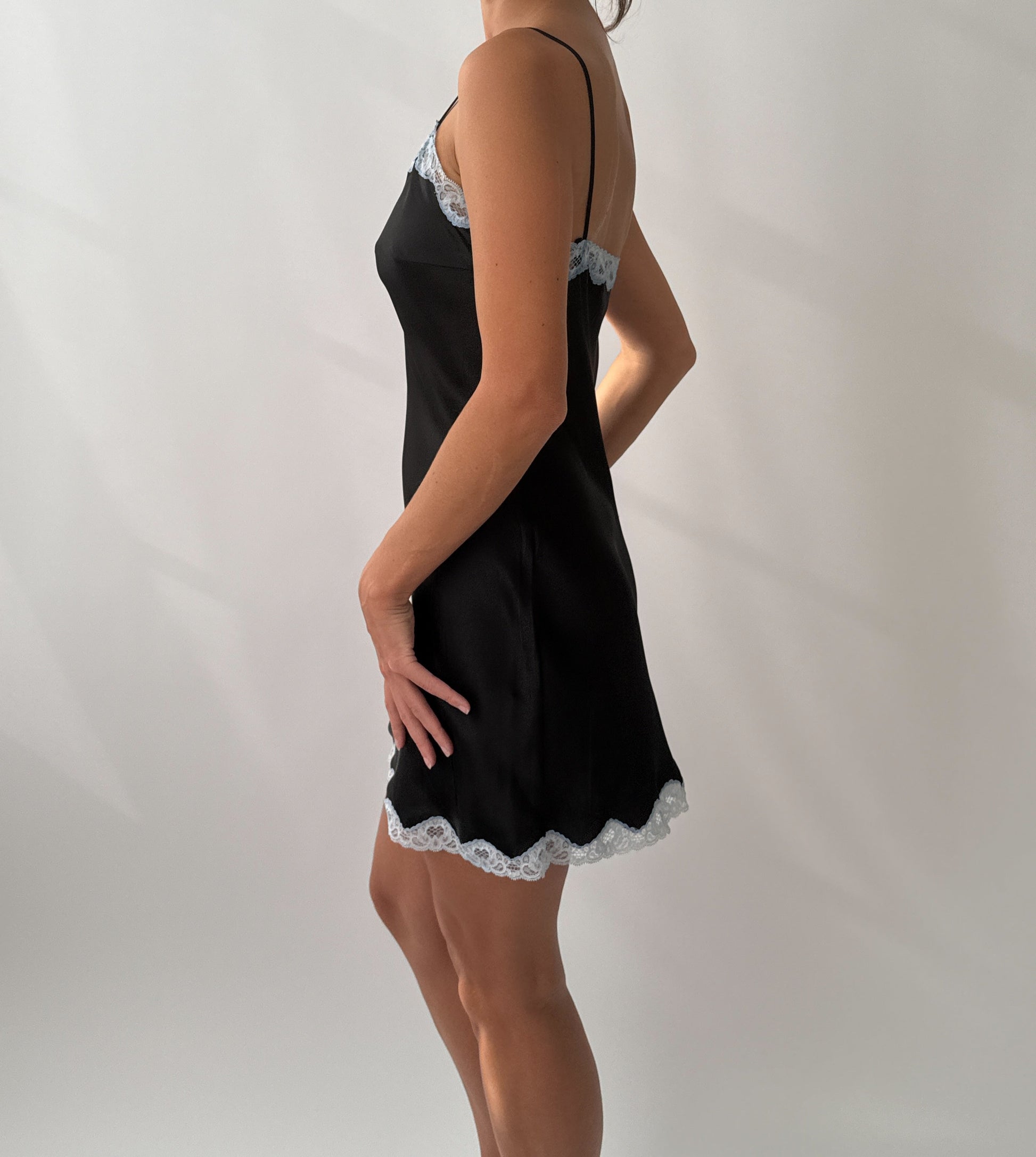 Dolce & Gabbana S/S 1995 Vintage Black and Blue Satin Pendant Slip Dress with Lace Trim in size M.
