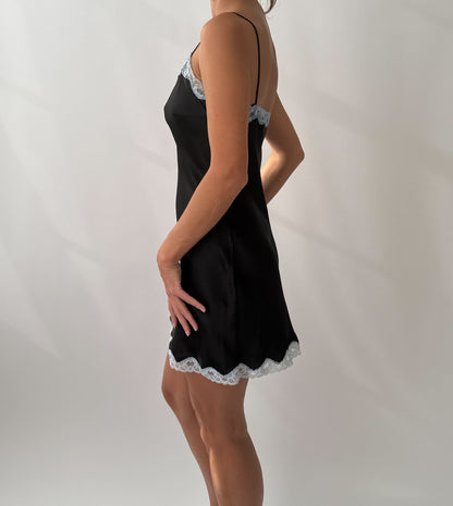 Dolce & Gabbana S/S 1995 Vintage Black and Blue Satin Pendant Slip Dress with Lace Trim in size M.