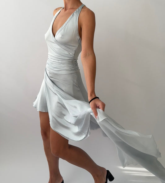 Versace S/S 2005 Vintage Light Blue Plunging Silk Asymmetric Dress (S/M)