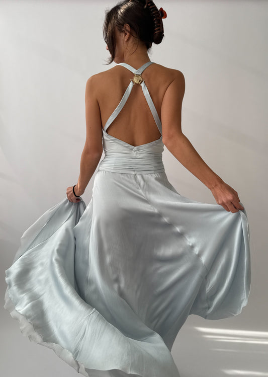 Versace S/S 2005 Vintage Light Blue Plunging Silk Asymmetric Dress (S/M)