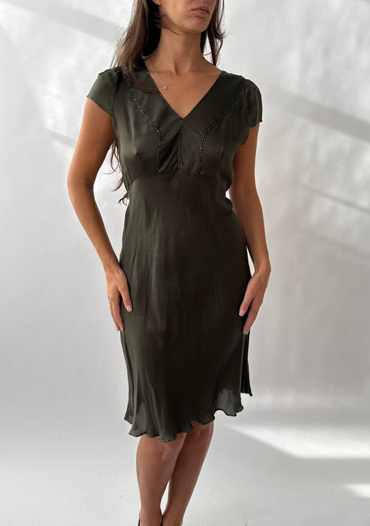 Prada F/W 1997 Beaded Vintage Green Silk Dress (S/M)