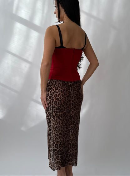 Dolce & Gabbana F/W 1997 Vintage Red Bustier Top & Silk Leopard Skirt (S)