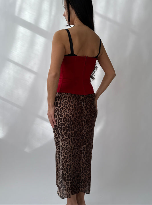 Dolce & Gabbana F/W 1997 Vintage Red Bustier Top & Silk Leopard Skirt (S)