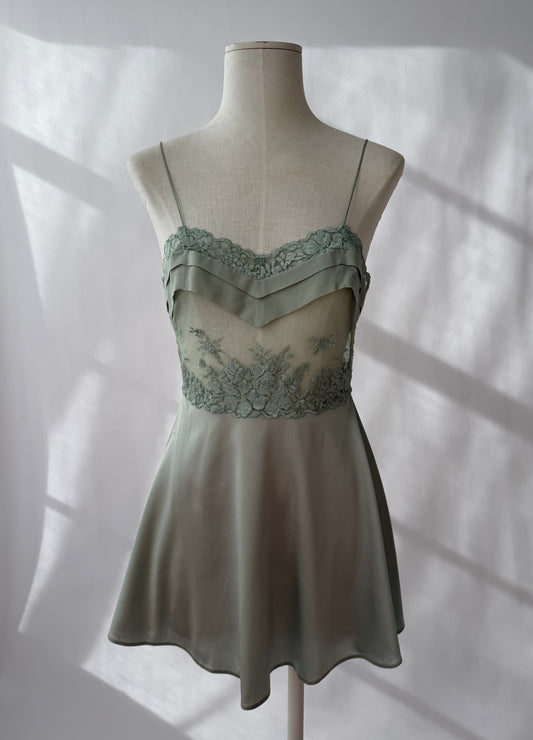 La Perla Soft Pastel Green Silk and Lace Lingerie Mini Slip Dress (S/M)