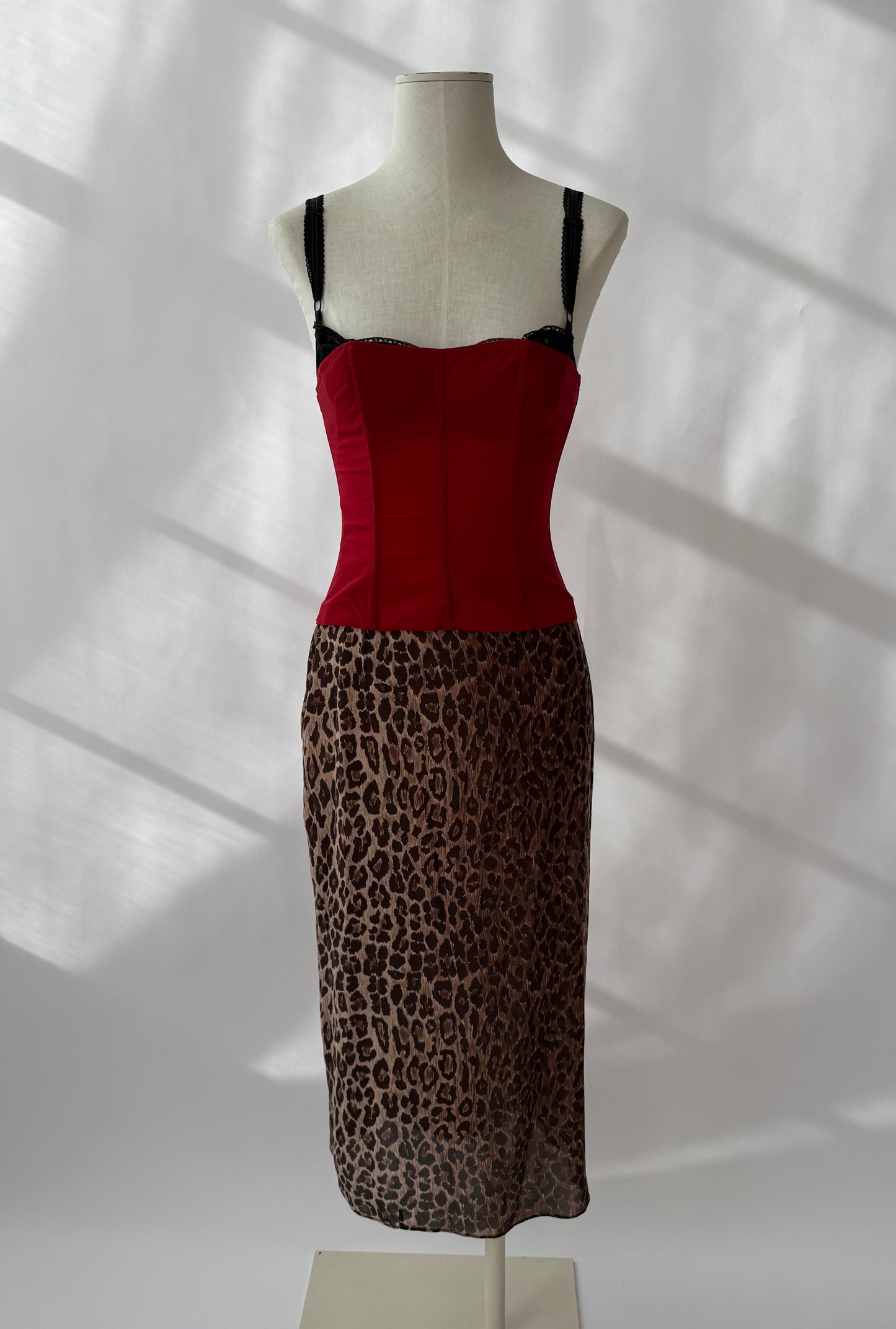 Dolce & Gabbana F/W 1997 Vintage Red Bustier Top & Silk Leopard Skirt (S)
