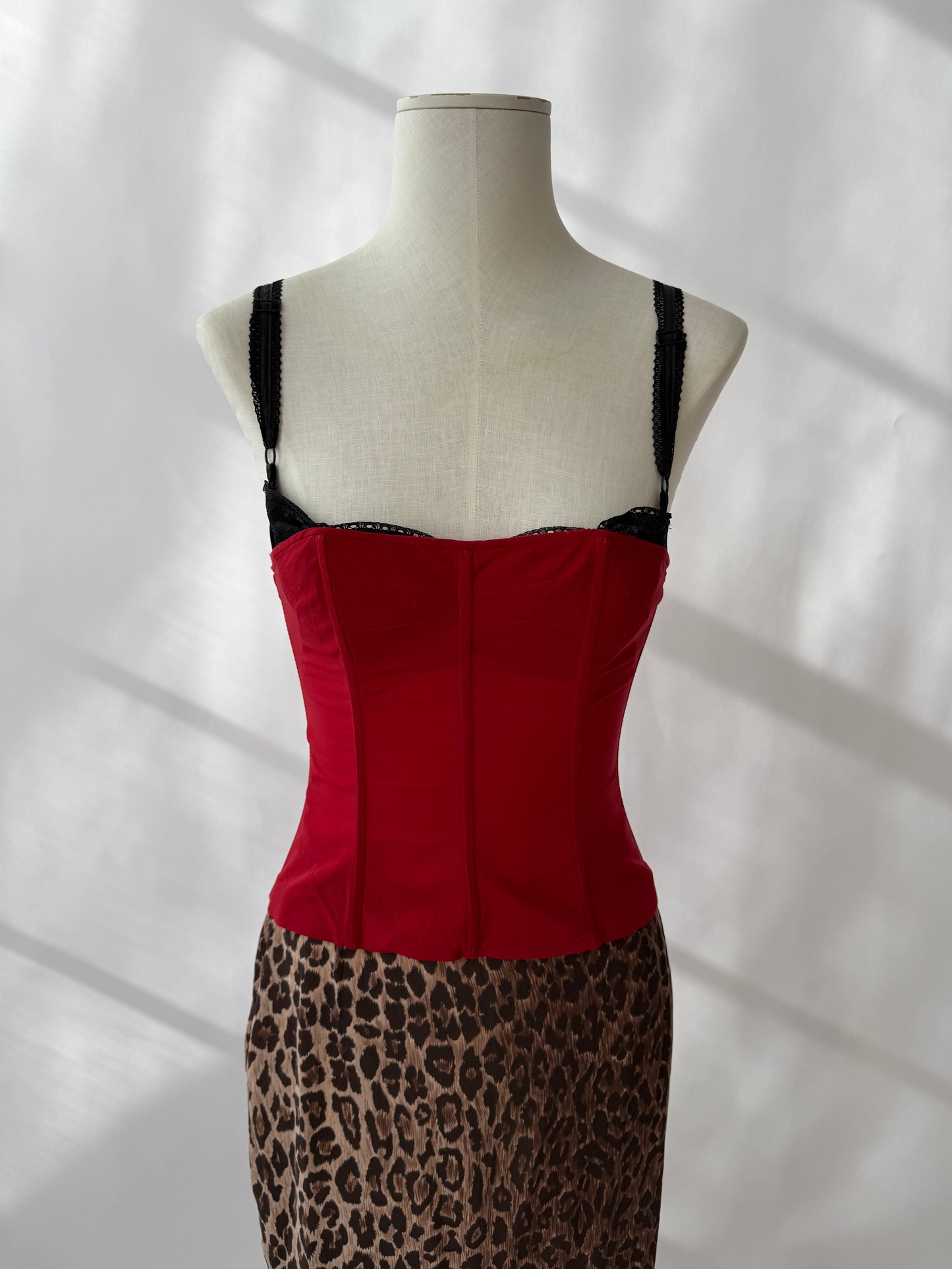 Dolce & Gabbana F/W 1997 Vintage Red Bustier Top & Silk Leopard Skirt (S)