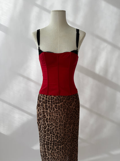 Dolce & Gabbana F/W 1997 Vintage Red Bustier Top & Silk Leopard Skirt (S)