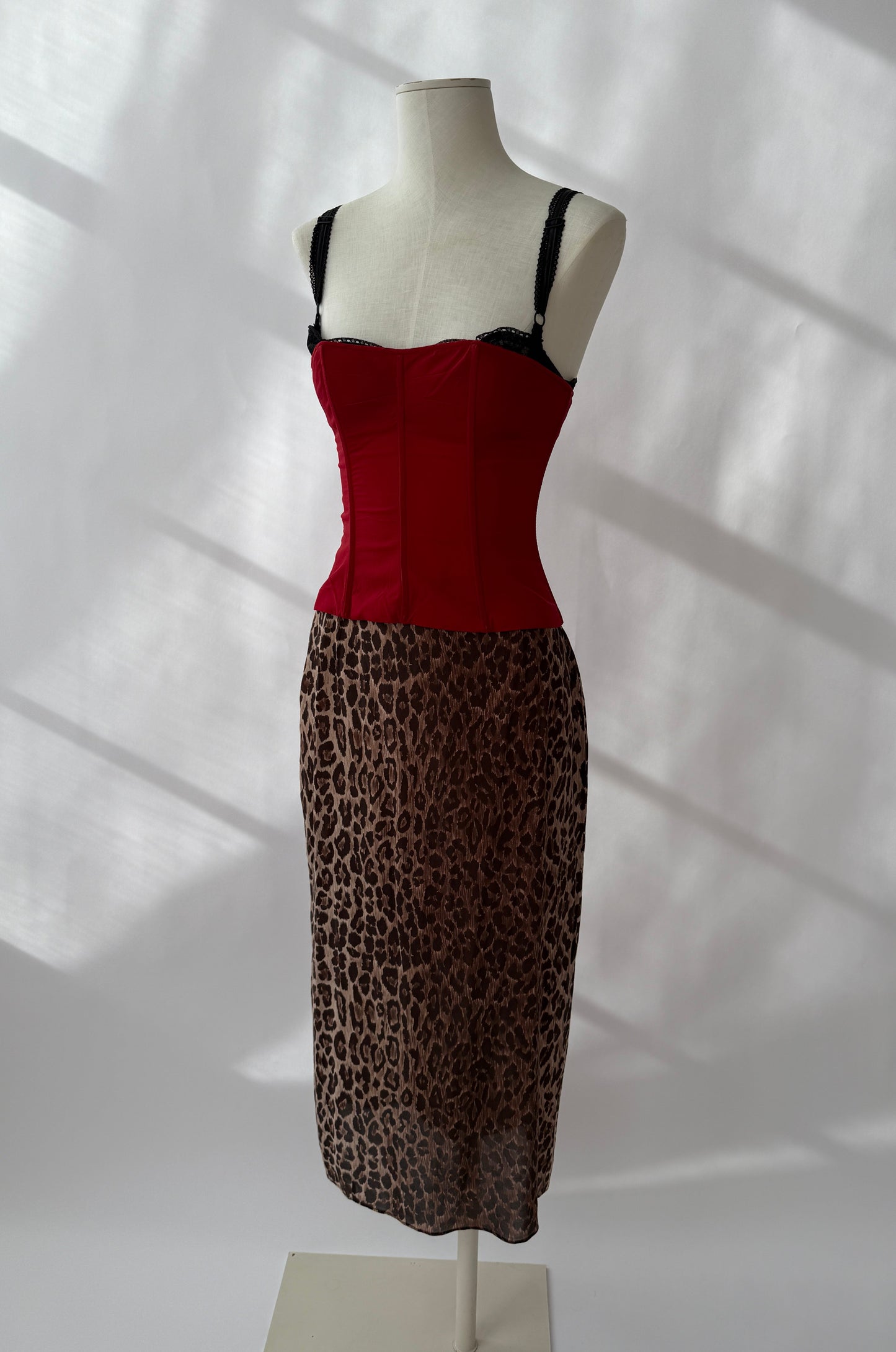 Dolce & Gabbana F/W 1997 Vintage Red Bustier Top & Silk Leopard Skirt (S)
