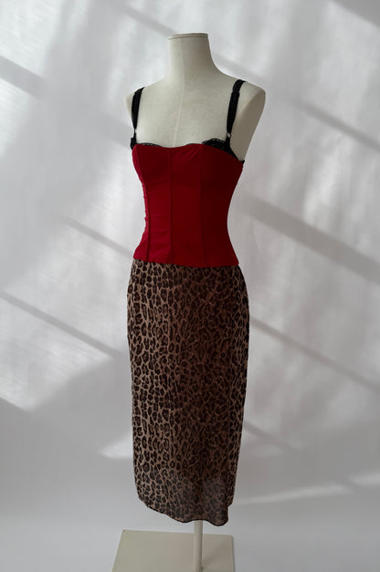 Dolce & Gabbana F/W 1997 Vintage Red Bustier Top & Silk Leopard Skirt (S)