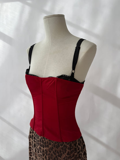 Dolce & Gabbana F/W 1997 Vintage Red Bustier Top & Silk Leopard Skirt (S)