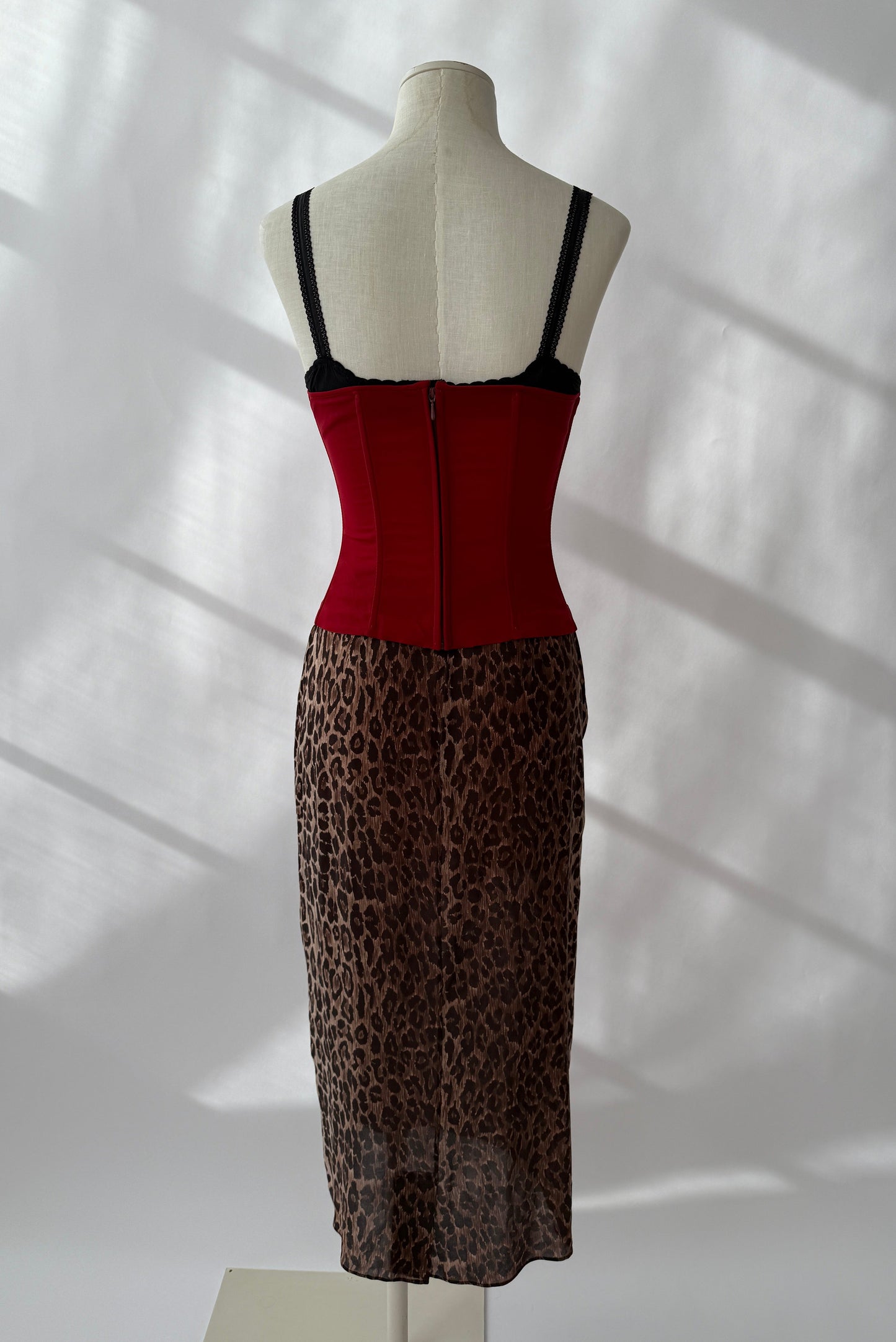 Dolce & Gabbana F/W 1997 Vintage Red Bustier Top & Silk Leopard Skirt (S)
