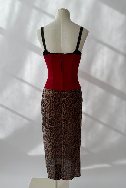 Dolce & Gabbana F/W 1997 Vintage Red Bustier Top & Silk Leopard Skirt (S)