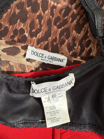 Dolce & Gabbana F/W 1997 Vintage Red Bustier Top & Silk Leopard Skirt (S)