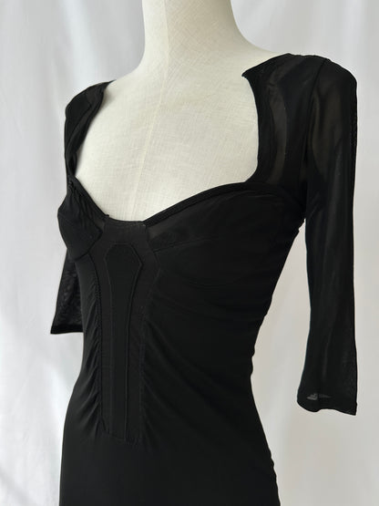 Gucci S/S 2005 Black Open Back Sheer Panelled Midi Dress in size S.