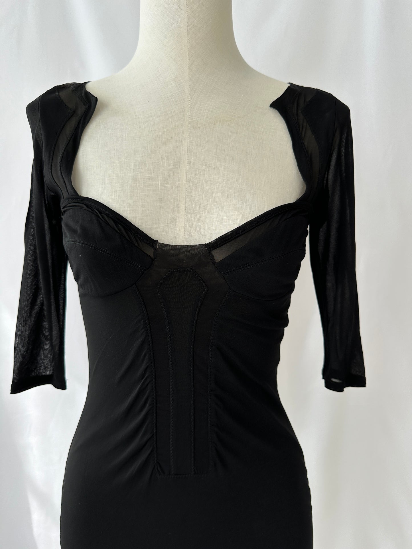 Gucci S/S 2005 Black Open Back Sheer Panelled Midi Dress in size S.