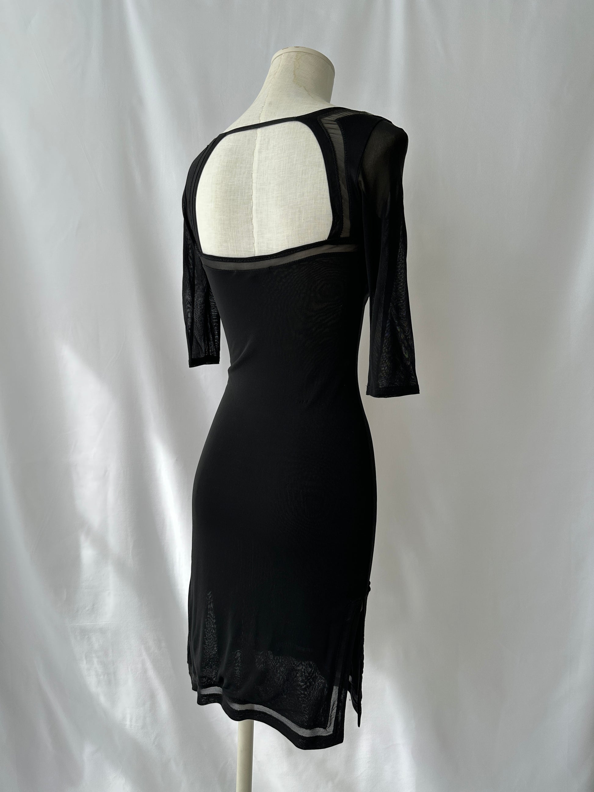 Gucci S/S 2005 Black Open Back Sheer Panelled Midi Dress in size S.