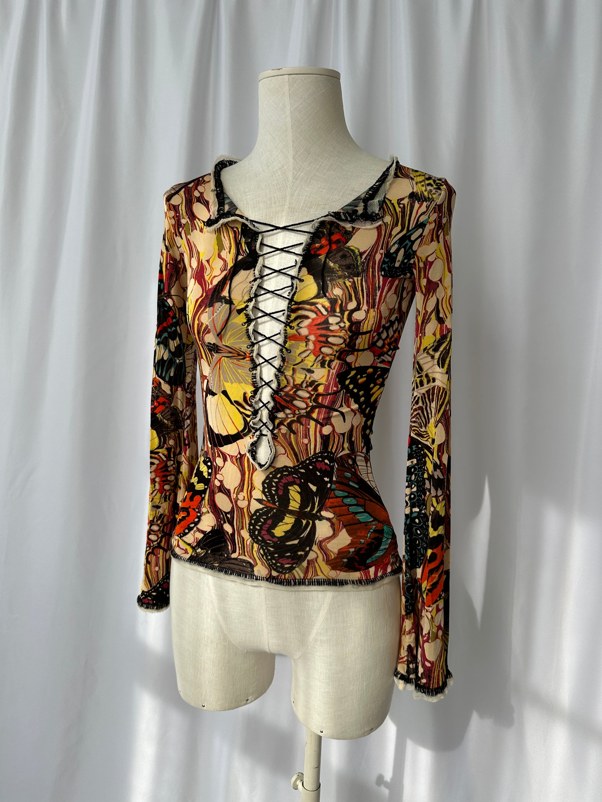 Jean Paul Gaultier Butterfly Print Mesh Lace-up Top S/S 2003 (S-L