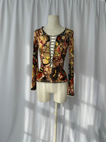 Jean Paul Gaultier Butterfly Print Mesh Lace-up Top S/S 2003