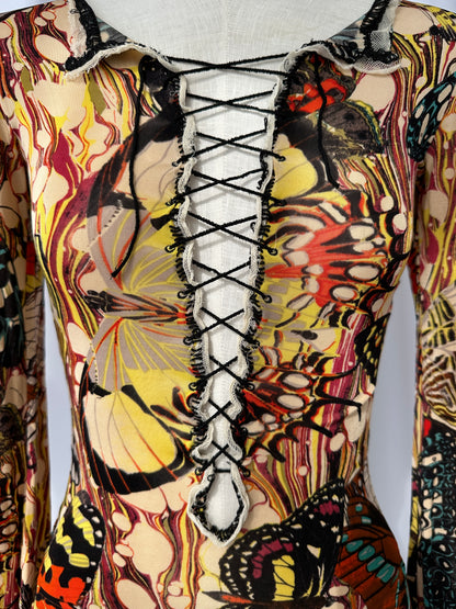 Jean Paul Gaultier Butterfly Print Mesh Lace-up Top S/S 2003