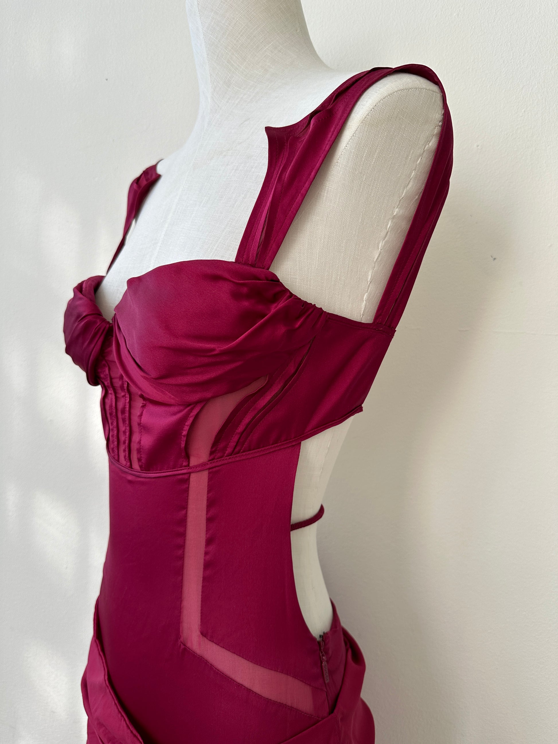 Gucci S/S 2005 Bordeaux Runway Bustier Cutout Open Back Silk Dress (S)