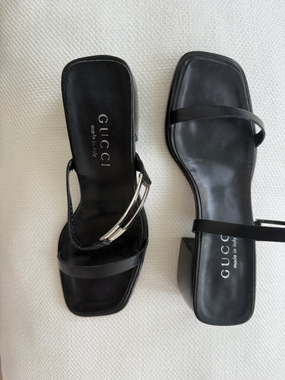 Gucci 90s/00s Vintage Leather Mules with Silver Metal Detail (IT 35/US 5/UK 2)