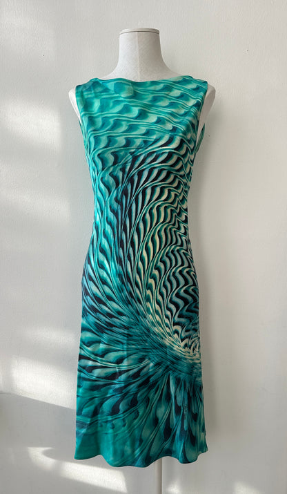 Roberto Cavalli S/S 2001 Psychedelic Swirl Print Silk Midi Dress in size S.