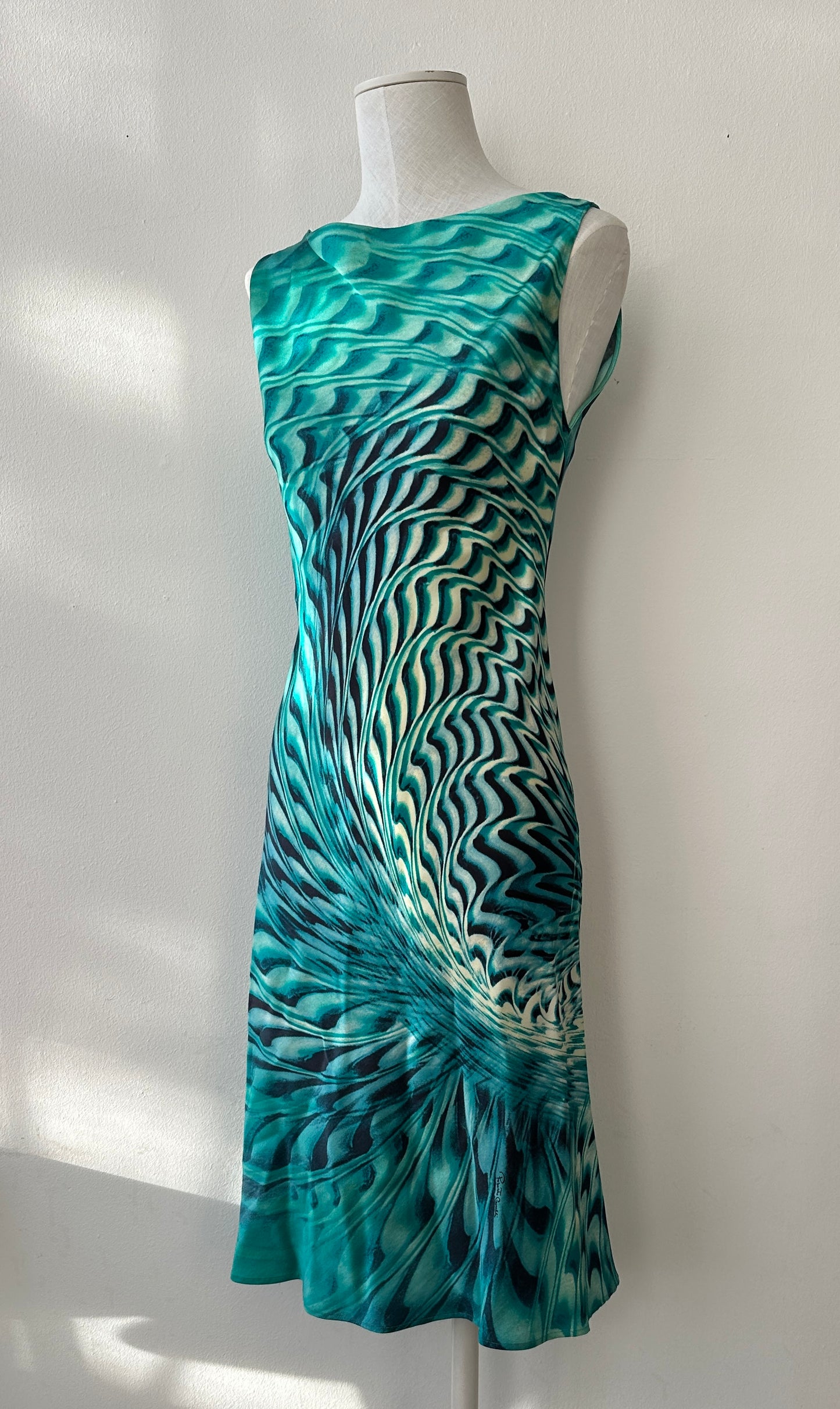 Roberto Cavalli S/S 2001 Psychedelic Swirl Print Silk Midi Dress in size S.