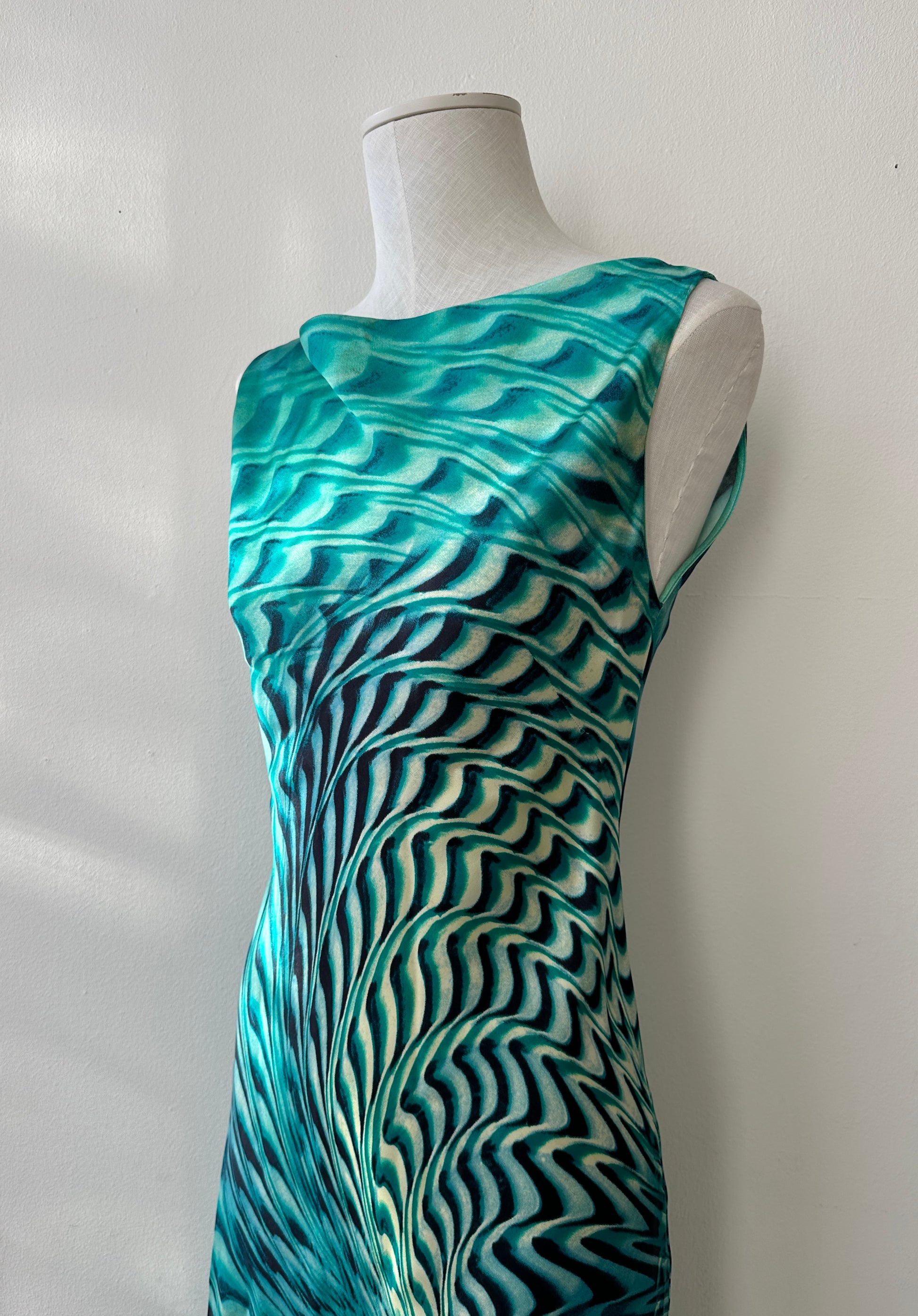 Roberto Cavalli S/S 2001 Psychedelic Swirl Print Silk Midi Dress in size S.