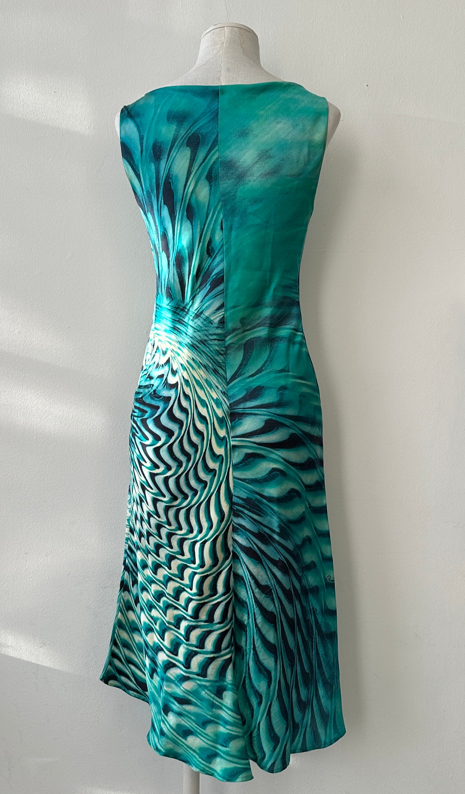 Roberto Cavalli S/S 2001 Psychedelic Swirl Print Silk Midi Dress in size S.