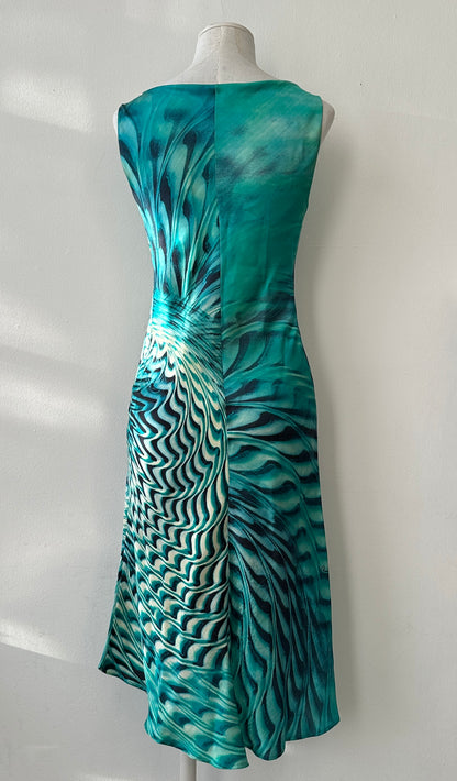 Roberto Cavalli S/S 2001 Psychedelic Swirl Print Silk Midi Dress in size S.