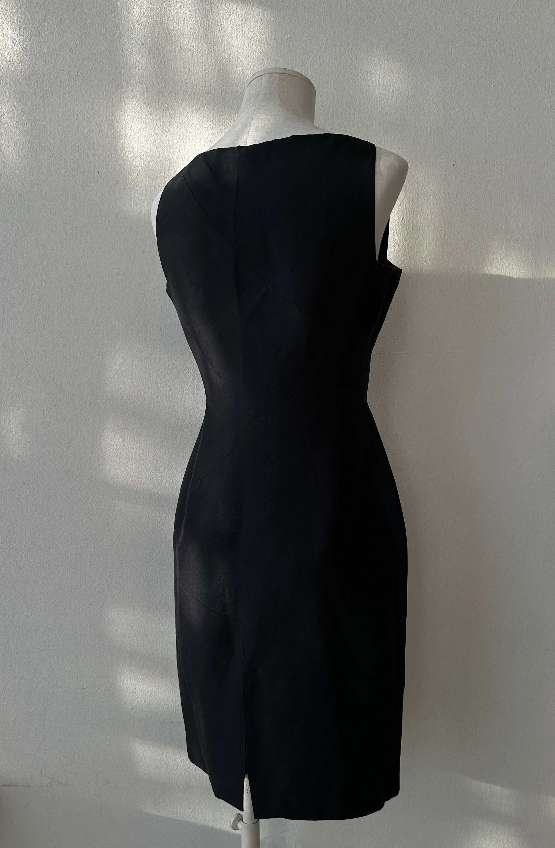 Gucci by Tom Ford S/S 1998 Black Panelled Sheath Satin Pencil Dress in size S.