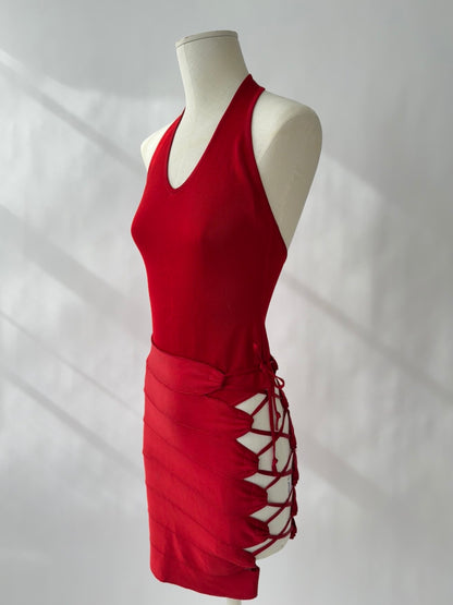 Azzedine Alaia 1986 Lace-up Skirt, Top & Body Set (XS)