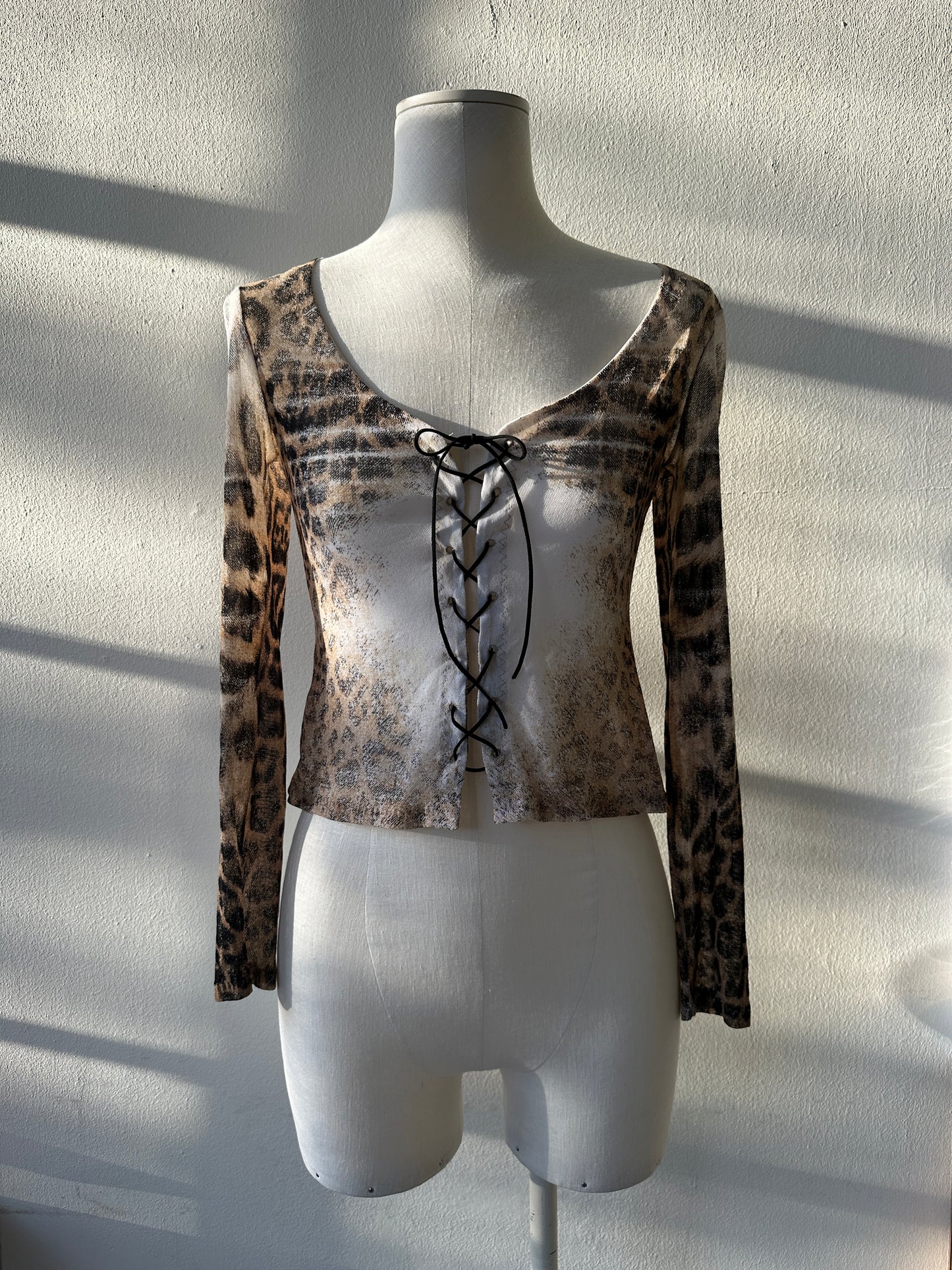 Roberto Cavalli S/S 2002 Mesh Lace up Leopard Print Top in size S