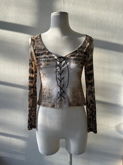 Roberto Cavalli S/S 2002 Mesh Lace up Leopard Print Top in size S