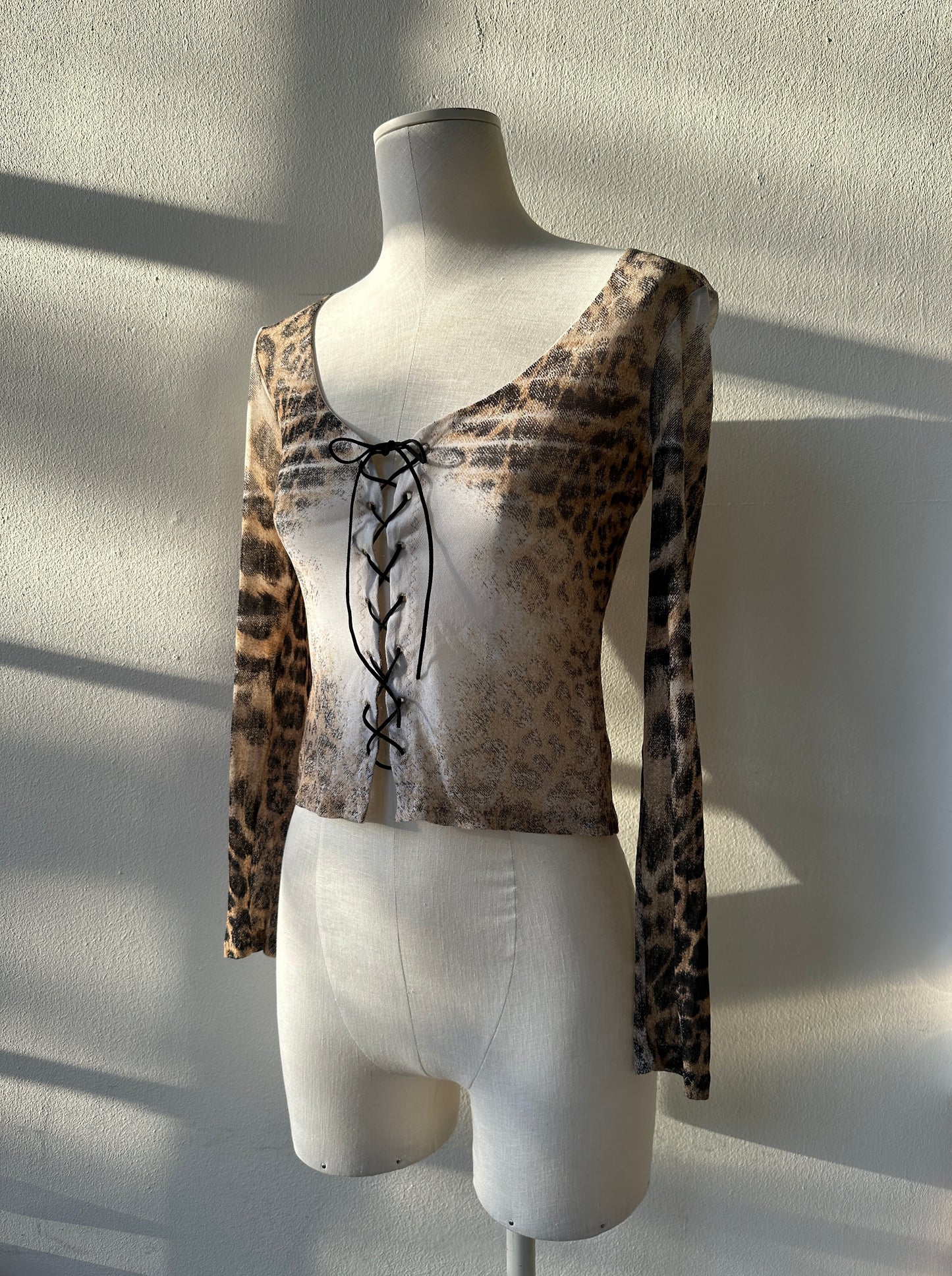 Roberto Cavalli S/S 2002 Mesh Lace up Leopard Print Top in size S